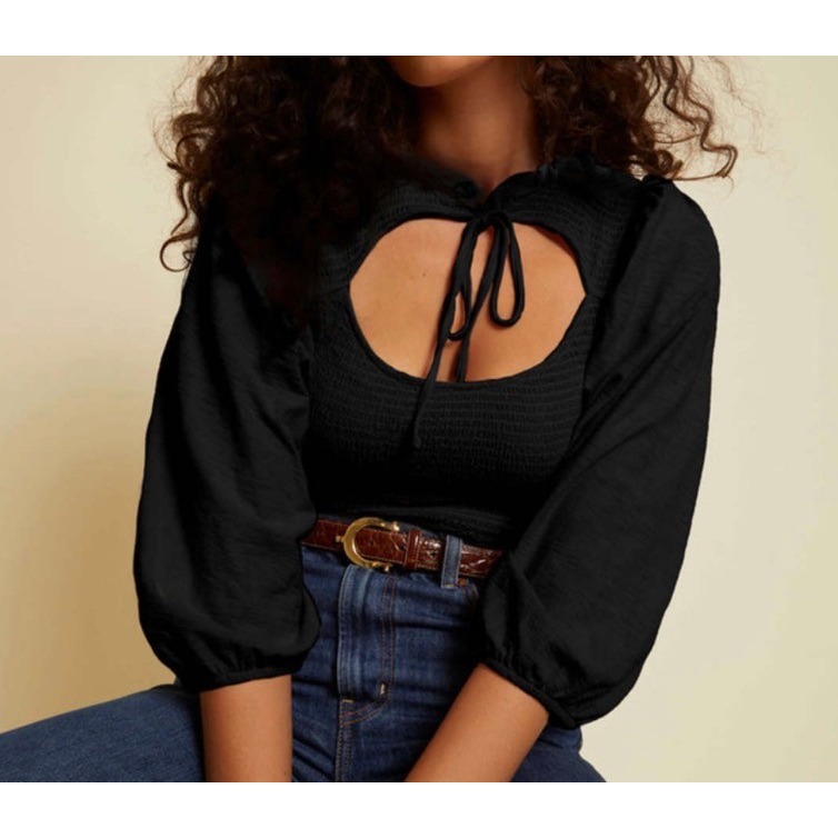 Nation Ltd Abrielle Femme Cut-Out Top Womens M Black Smocked Puff 3/4 Sleeve